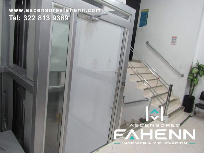 Plataforma elevadora con puerta de vidrio traslúcido, marco metálico, cierrapuertas e instalación junto a escaleras.