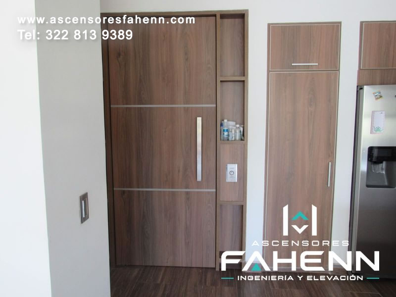 Ascensor para casa con puerta tipo madera, tirador vertical, pulsador lateral y diseño integrado al mobiliario.